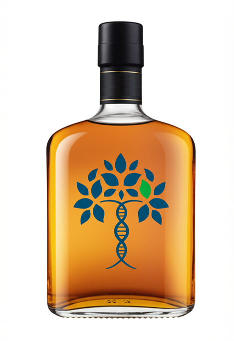 glass bottle of brown colored drink with joubert syndrome genetic tree logo on outside